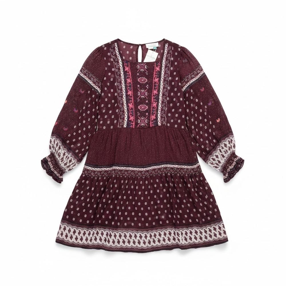 A+ by Anthropologie Women Burgundy Embroidered Beaded Tiered Boho Mini Dress 16W